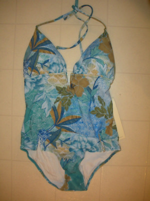 GOTTEX Blue Golden Era 1 Pc V Neck Triangle Halter Style Swimsuit Sz 10 NWT