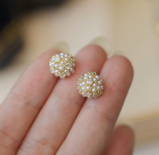 Aretes de bola redonda ramo ramo de perlas de cristal circonita cúbica chapados en oro 10 mm PE32