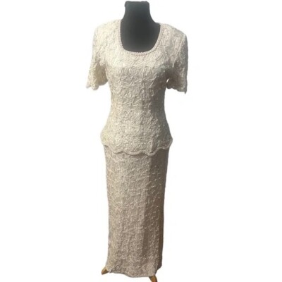 Vintage Scala Ivory Pearl Sequin Beaded Lace Sheath Dress