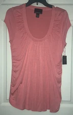 New Cynthia Rowley Scoop Neck Ruched Stretch Viscose T-shirt L Coral NWT