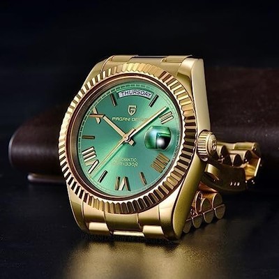 PAGANI DESIGN DD36 Men's Auto Watch - Gold & Green Elegance, Timeless Style