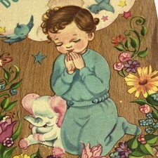 Vintage 1950  s Meyercord Praying Boy  Elephant Decal On Wood Picture Plaque