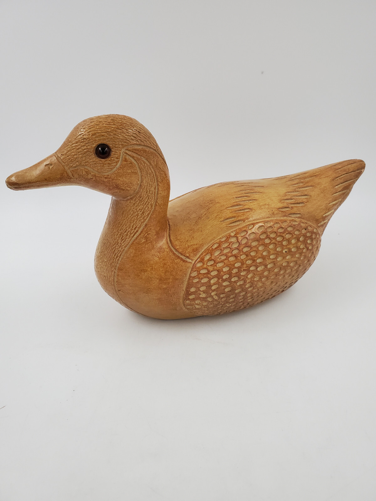 Carved Duck Decor  Resin Tan Glass-Eyed 12