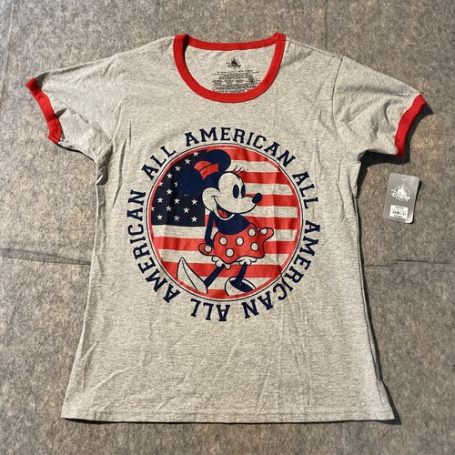 Disney Store Minnie Mouse All American T Shirt Womens Large NWT Flag Gray Red
