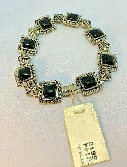 Новый с Ярлыками! Ethel & Myrtle оловянный металл с черными камнями и складной браслет-застежка ~7,5" - Изображение 2 из 4