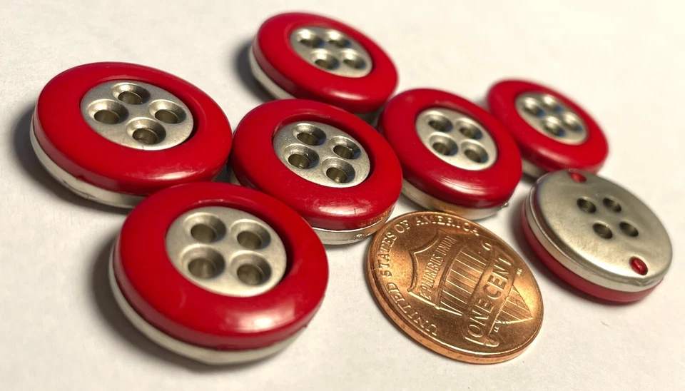 7 Thick Glossy Red Silver Tone Plastic Metallized Back Buttons 18mm 11/16" 12729 - Image 2 of 3