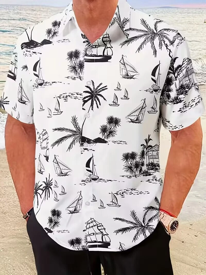 Button Up White Short Sleeve Hawaiian Shirt Vibrant Palm Tree Print Casual Shirt - Picture 1 of 3
