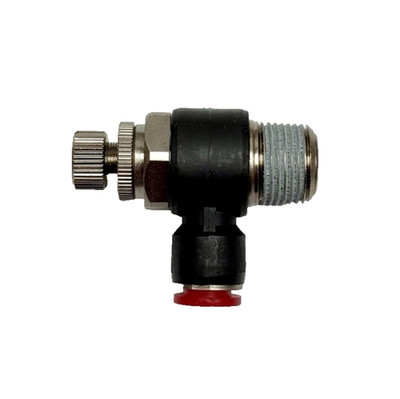 C0TA00838 Elbow Banjo Flow Control (out), 8mm tube O/D, 3/8'' ISO R thread