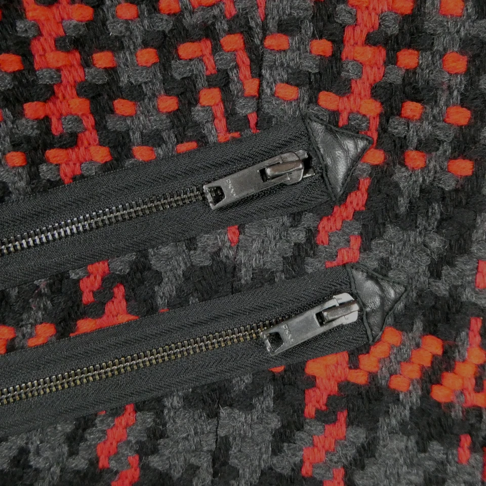 DKNY Jacket Womens Large Red Black Plaid Wool Blend Zipper Pockets Moto Boucle - Image 3 of 4