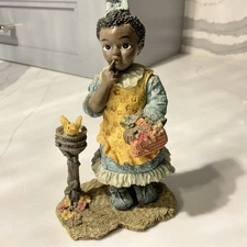 Vintage Young's Inc. African American Girl By Bird and Birdbath Resin Figurine