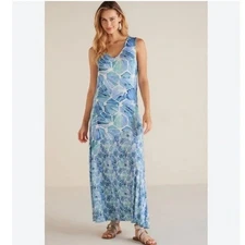 Soft Surroundings Castel Blue Printed Maxi Dress Women Large Sleeveless Viscose