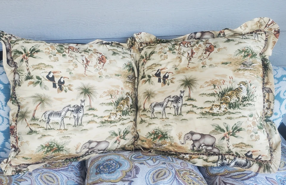 Rare Vintage 22" Safari Animal Print Throw Pillows Pair Corded & Ruffled Unique - Image 3 of 4