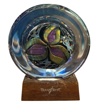 Rollin Karg Dichroic Multicolor Iridescent Art Glass Disc Sculpture Signed 2004