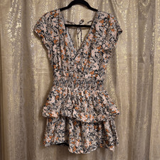 American Eagle Boho Black Orange Pink Floral Linen Blend Smocked Mini Dress Smal