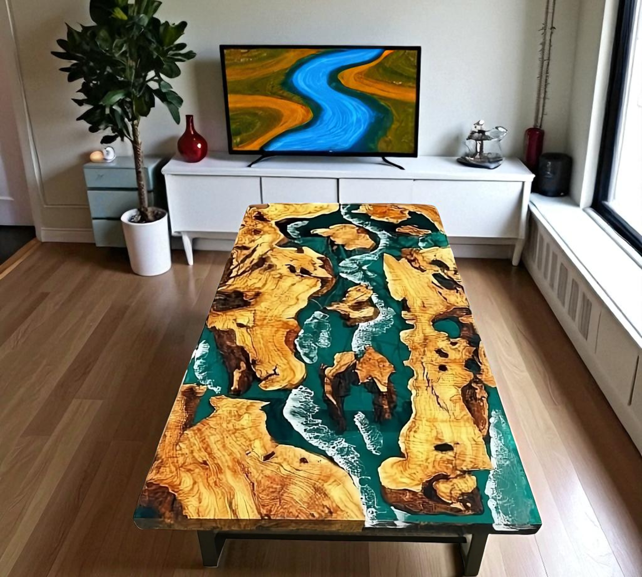 Custom Green Resin Epoxy Wood Table Top for Kitchen Hotel Furniture Decor  -image