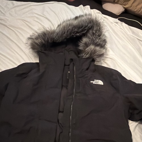 The North Face Women's Black Hooded Puffer Jacket Fur Trim Zip Mid-Length L