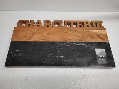 Charcuterie Cutting Board - Black Marble and Wood - 18'' x 10'' - NOS