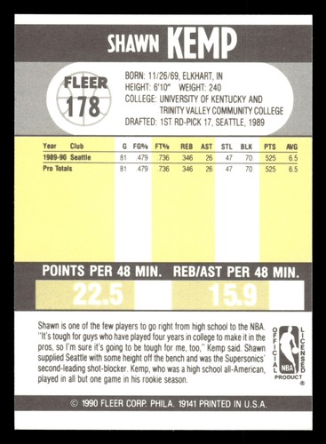 Shawn Kemp 1990-91 Fleer #178 Seattle SuperSonics - Foto 2 di 2