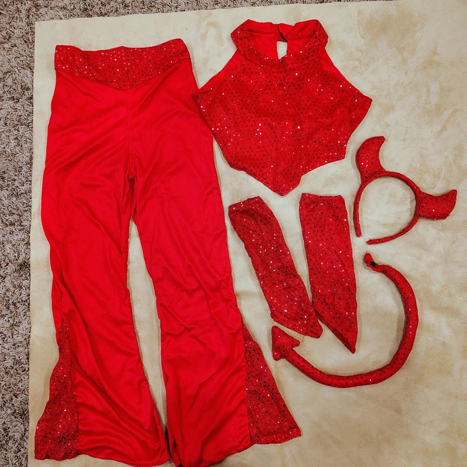 Disfraz de niña diablo lentejuelas rojas grande Halloween 6 piezas B71 Foto 3 de 4