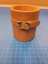 Tan Leather Pen Pencil Holder Desk Organizer Office Accessory Buckle Design