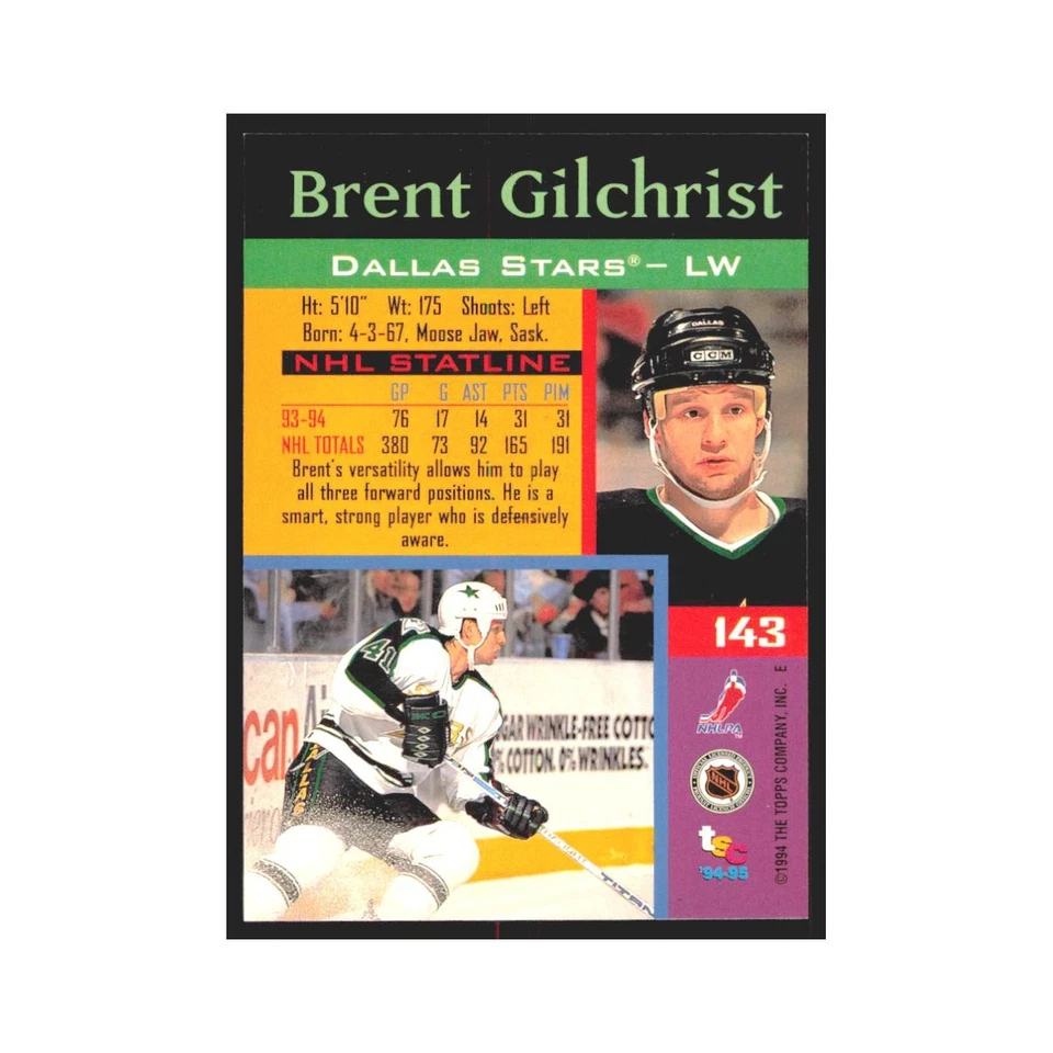 1994 Stadium Club Brent Gilchrist Dallas Stars #143 - Image 2 of 3