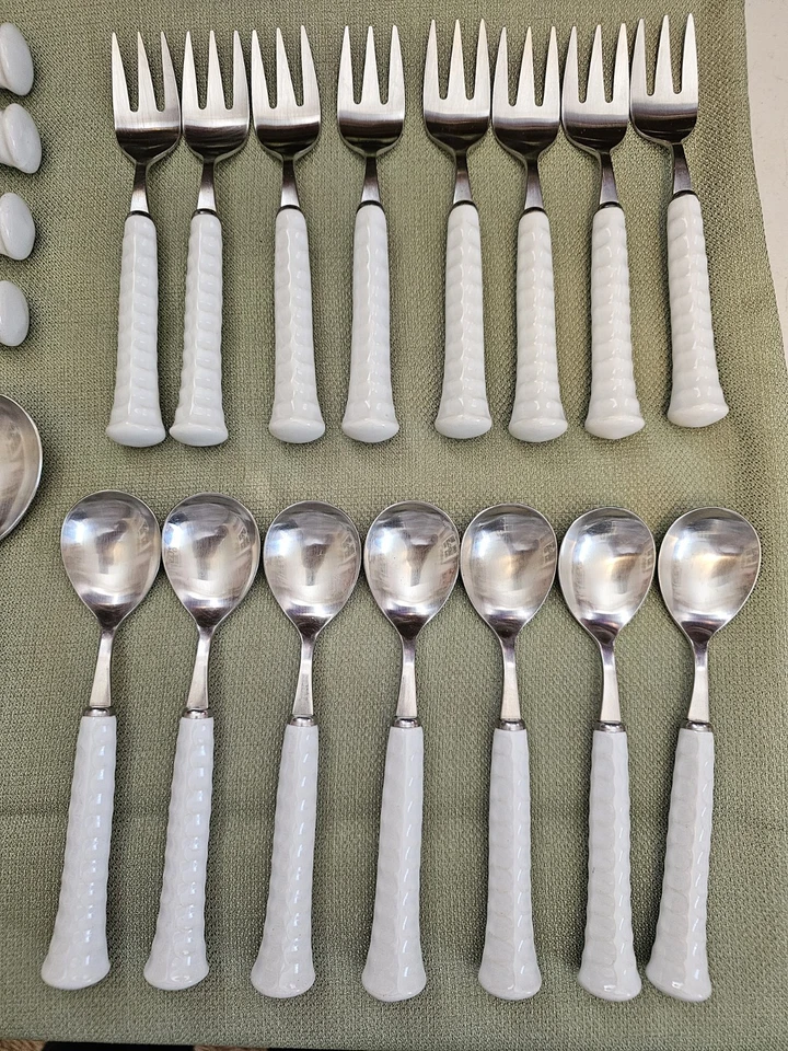 Vintage NORITAKE Japan 18-8 White Porcelain Handle 40 Piece Flat/Silverware Set - Image 2 of 4