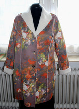 VELOURS MANTEL Taupe Farben mit buntem Blumenmuster Gr. 44 innen mit Kunstpelz
