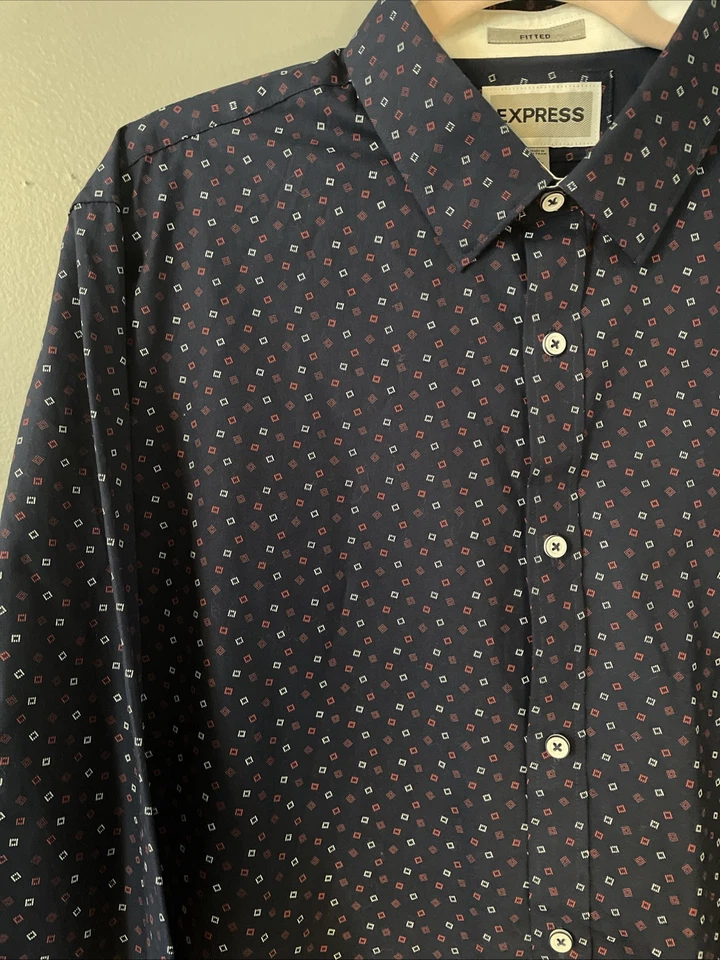 Express Geo Abstract Fitted Shirt W Button Cuffs Round Hem Cotton Size XL - Image 3 of 4