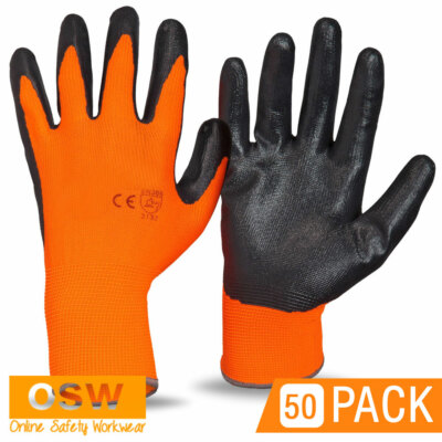 50 x Hi Vis Orange/Black Smooth Nitrile Tradies Oily Dry Wet Grip Work Gloves