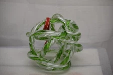 MID CENTURY MODERN GREEN & WHITE RIBBED ROPE STYLE ART GLASS 6" MCM