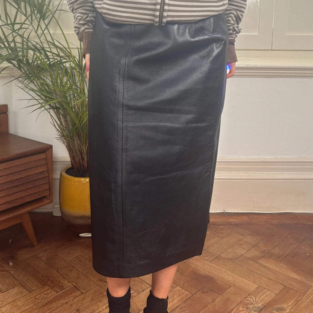 Black Leather Midi Skirt UK 8 28W Unbranded-image