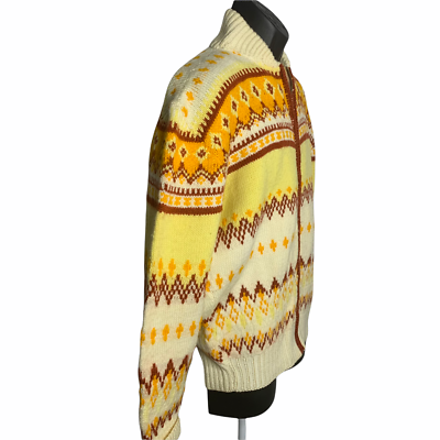 Vintage 70s Hand Knit Wool Sweater Jacket Mens M Yellow