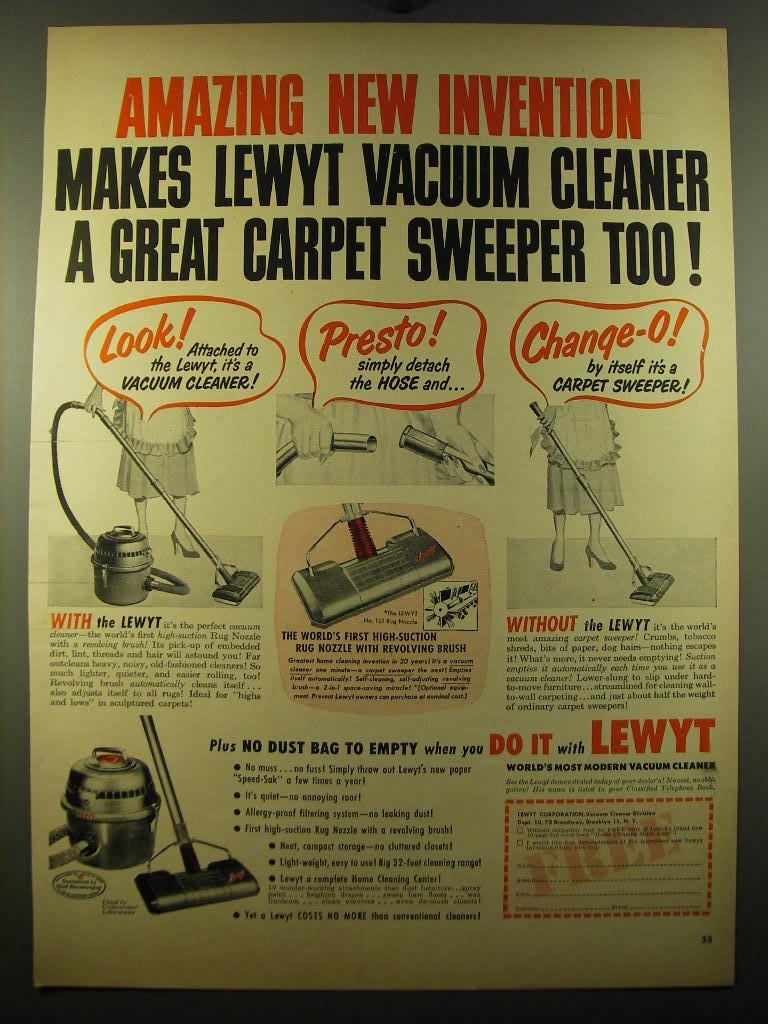 1950 Lewyt Vacuum Cleaners Ad Amazing new invention eBay