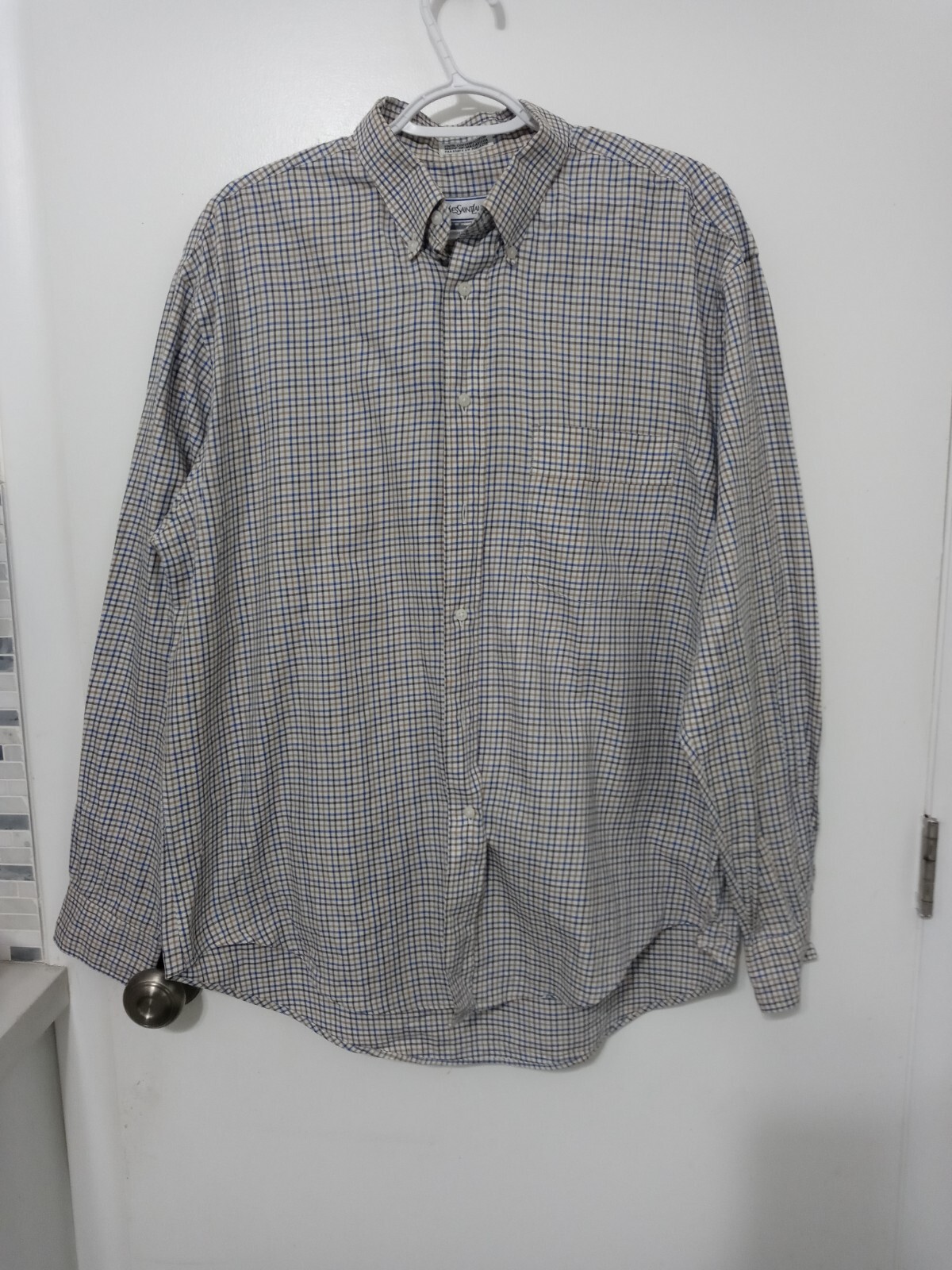 YVES SAINT LAURENT YSL UOMO ABBOTTONATO MANICA LUNGA BEIGE BLU NAVY A QUADRI...