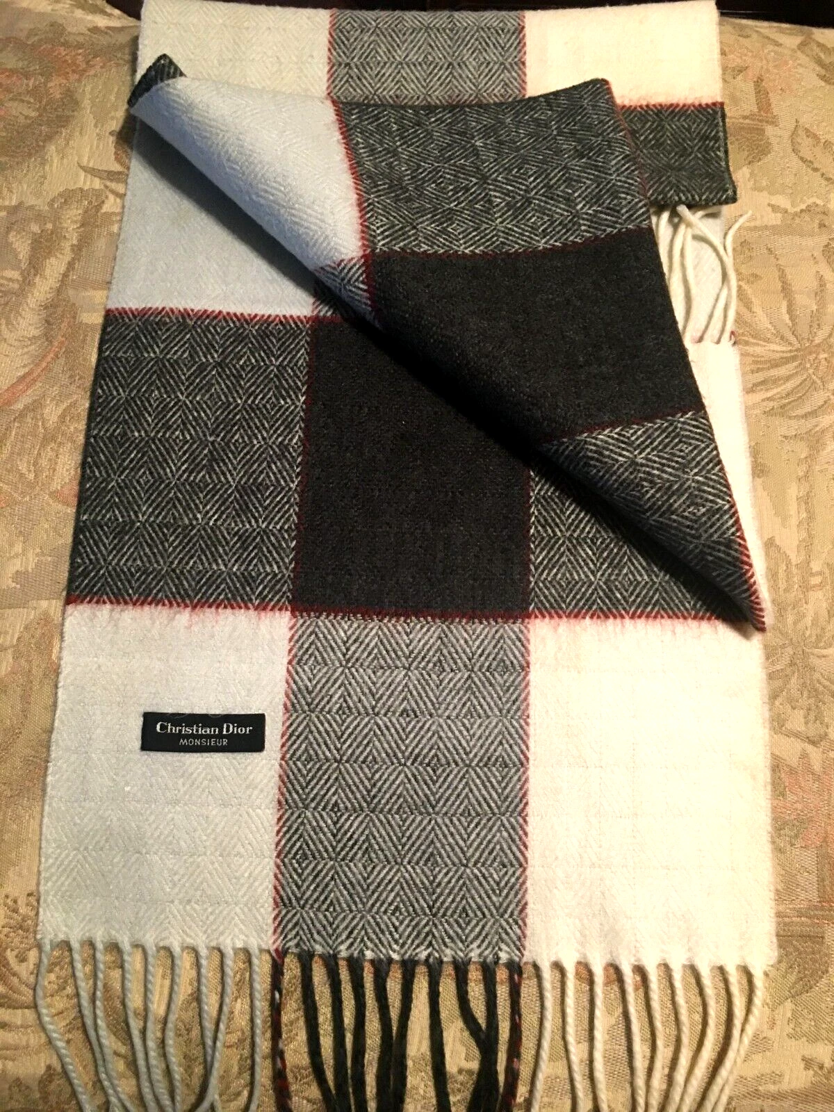 Foulard unisexe CHRISTIAN DIOR MONSIEUR plaid cachemire avec frange 11”x48”
