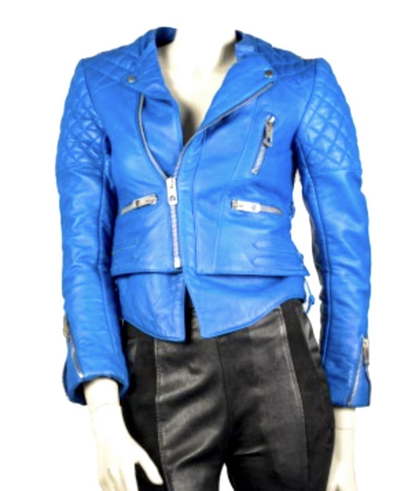 Balenciaga 2013 Blue Leather Moto Biker Jacket 36 38 40 2 4 6 Coat Quilt M S - Image 2 of 4