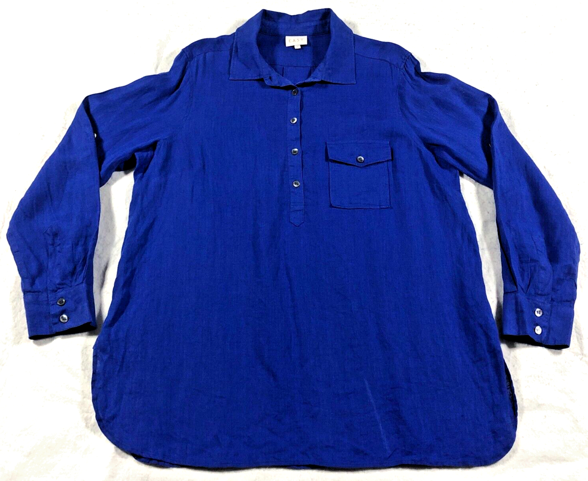 EAST Womens Linen Top Size 16 Blue Button-Up Long Roll Tab