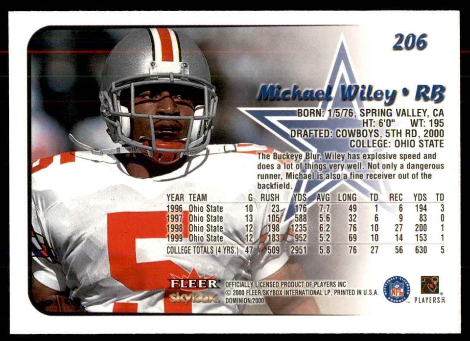 2000 FLEER DOMINION MICHAEL WILEY DALLAS COWBOYS #206 - Image 2 of 2