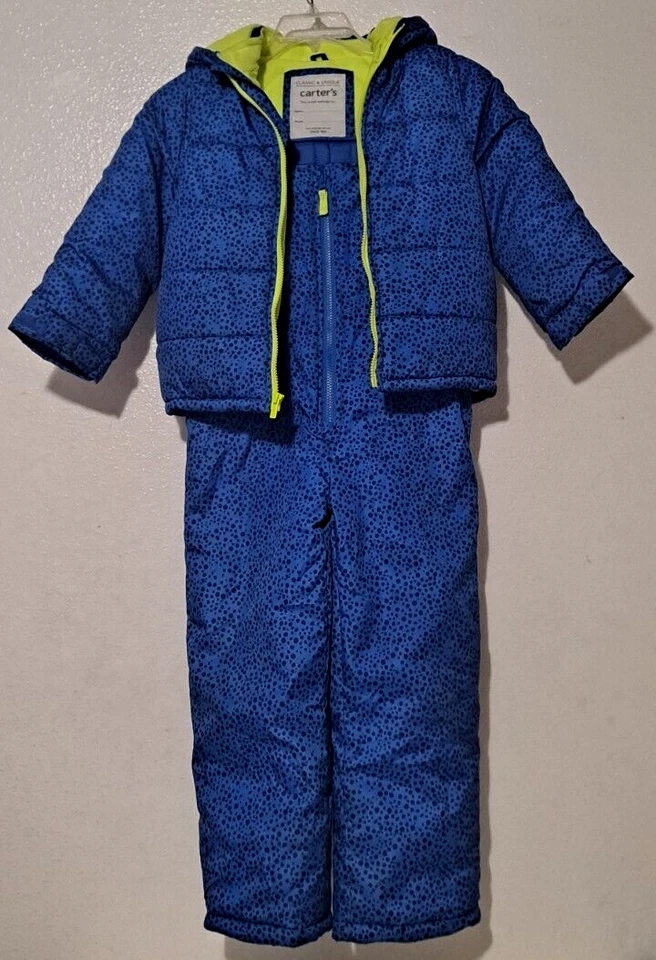 Carters AZUL Y NEGRO Chaqueta de Invierno Nieve Babero Conjunto Capucha Adjunta DINOSAURIO Talla 7 Foto 2 de 4