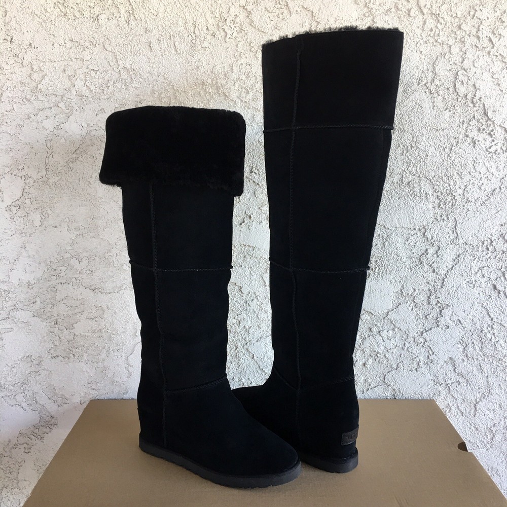 UGG CLASSIC FEMME OVER THE KNEE BLACK SUEDE FUR WEDGE TALL BOOTS SIZE 8 WOMEN