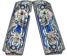 1911 GRIPS FULL SIZE COLT KIMBER RUGER S W MOTHER OF PEARL SKULL SPIDER BLUE