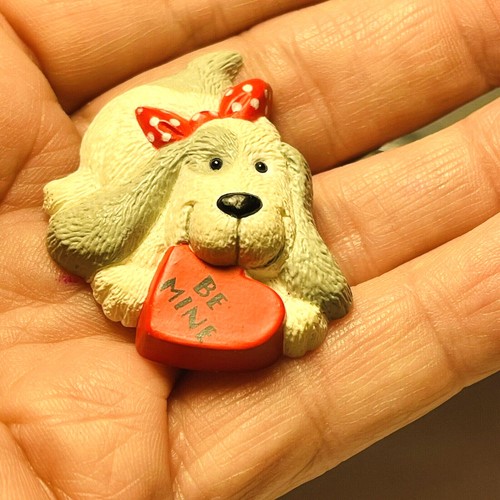 Hallmark Puppy Dog Brooch Pin White Red Heart Be Mine Valentine VTG 80s Fashion - Picture 8 of 8