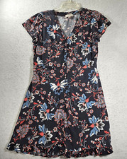 LOFT Petite Dress Womens 10P Gray Floral Mini A Line Button Up Cap Sleeve Casual