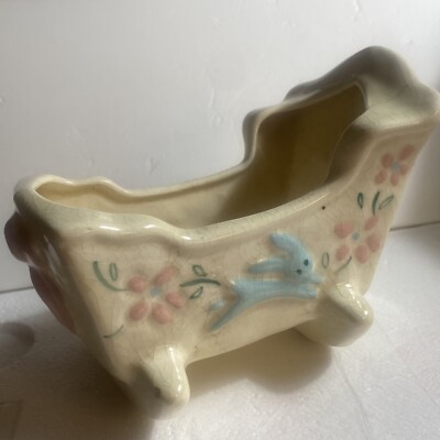 California Pottery Baby Crib PLANTER Vintage 1950s  Art Pottery - Bunny Floral