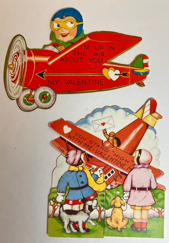 2 Vintage Airplane Valentines 1930 - 1940's movable and foldout