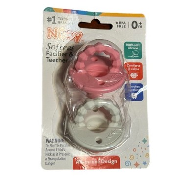 Nuby Softees Pacifier Teether Baby 0m+ Pink Grey New Silicone All-In-One Design