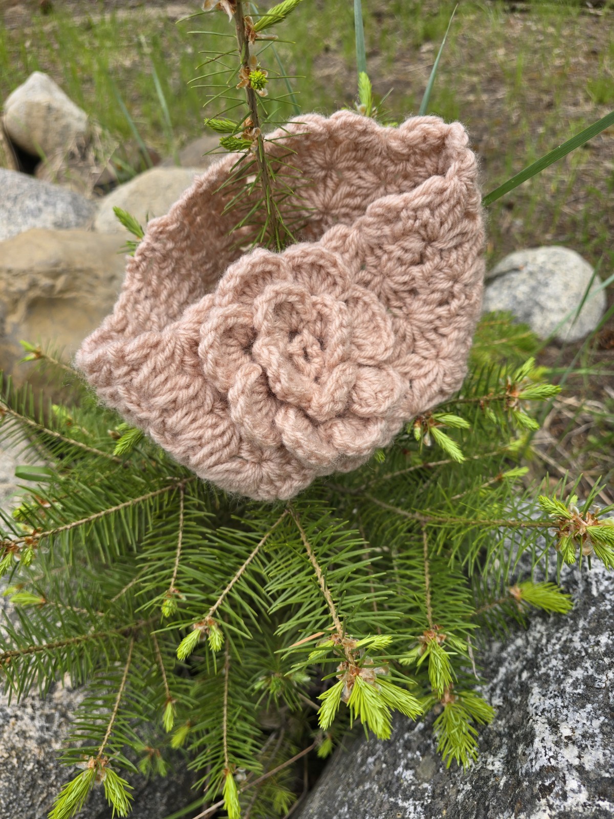 Crocheted Headband Ear Warmer With A Rose Tan Women's