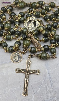 St Jude Lourdes Raphael Healing Saints Green Jade Vintage Bronze Rosary