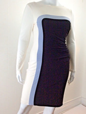 Lauren Ralph Lauren Colorblock Sheath Dress L/S Ruched Cream Blue Black 14 NWT