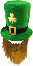 St. Patrick'S Day Green Leprechaun Top Hat with Beard Irish Shamrock Velvet Hat
